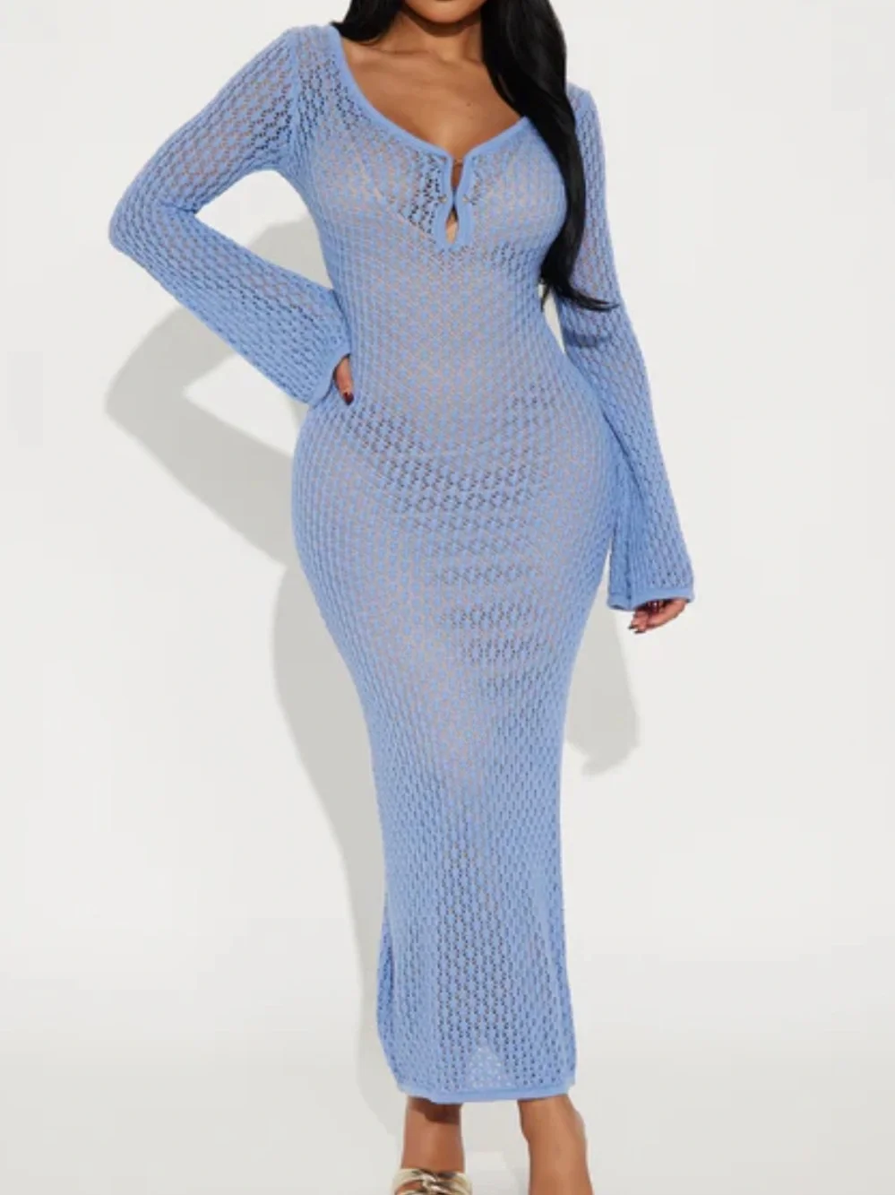 Fashion Nova Blue Amaya Crochet Maxi Dress - Picture 1 of 5